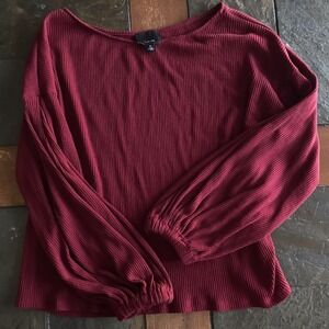 Women's Medium Ribbed Top Burgundy Balloon Sleeve Romantic Whimsical